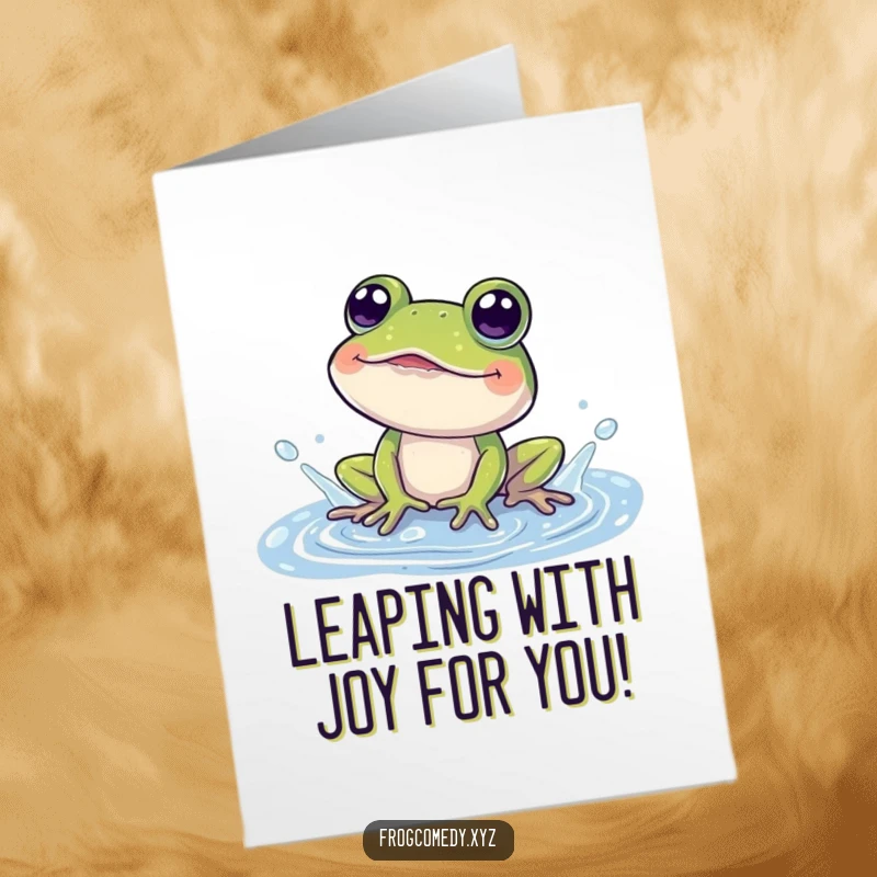Funny Free Printable Congrats Card: Frog happily splashing in a puddle, eyes wide with amusement.
