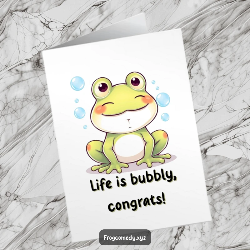 Funny Free Printable Congrats Card: A happy kawaii frog with a wide grin, blowing iridescent bubbles.