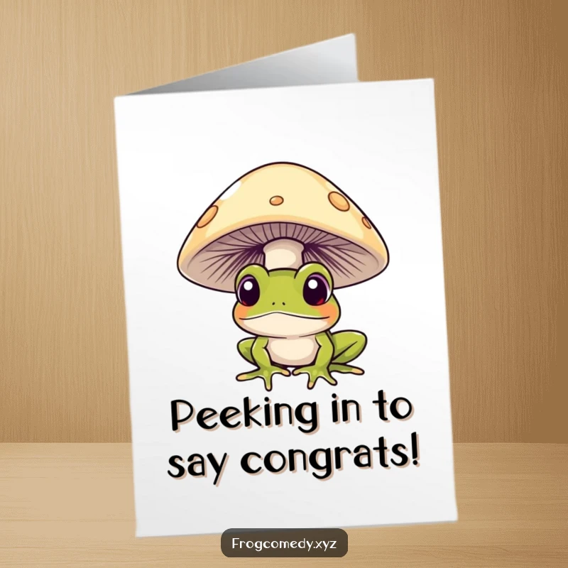 Funny Free Printable Congratulations Card: A curious frog peeks from under a mushroom, sharing in the celebratory moment.