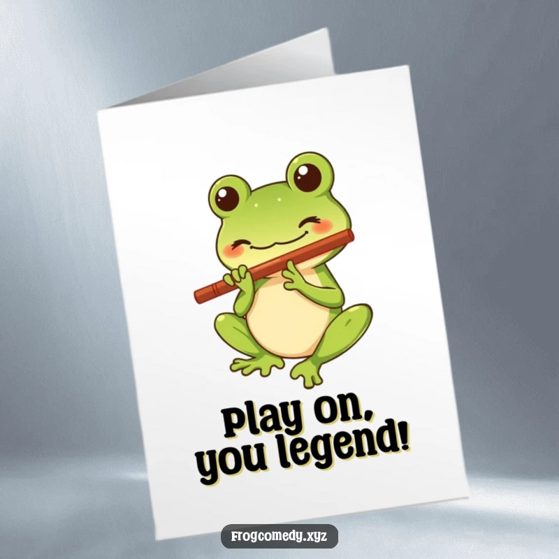 Funny Free Printable Congrats Card: Kawaii frog smiling, playing flute, happy melody, downloadable greeting.