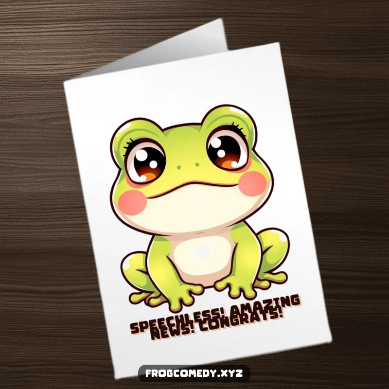 Funny Free Printable Congratulations Card: a Kawaii frog with crossed eyes, looking both startled and amused by success.