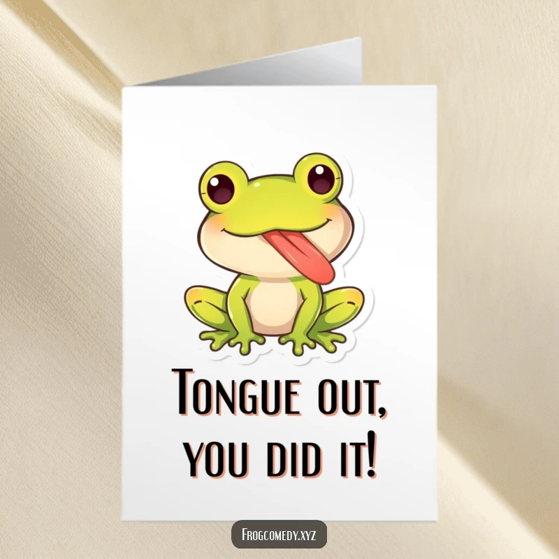 Funny Free Printable Congrats Card: A cute kawaii frog extending its long, sticky tongue playfully as a sign of celebration.
