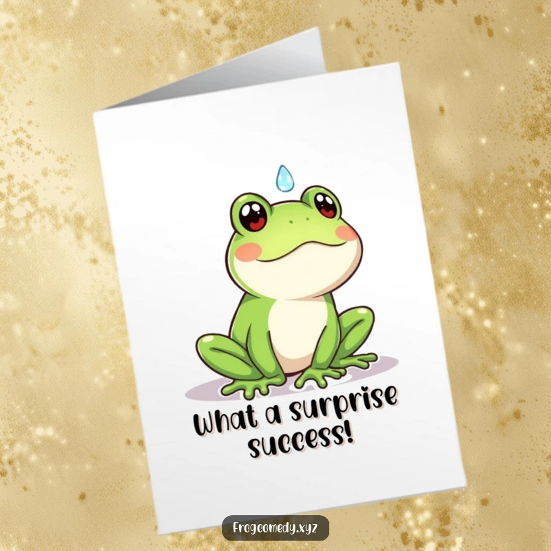 Funny Free Printable Kawaii Frog Congratulations Card: A Kawaii frog looking surprised by a falling raindrop, celebrating congratulations.