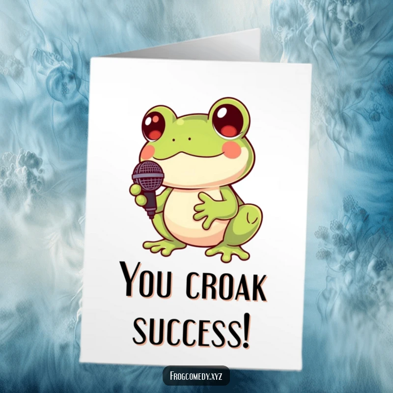 Funny Free Printable Congrats Card: A Kawaii frog cheerfully croaks into a miniature microphone, celebrating an achievement.