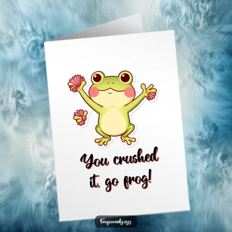 Funny Free Printable Kawaii Frog Congratulations Card: A Kawaii frog character enthusiastically cheering with pom-poms, celebrating success.