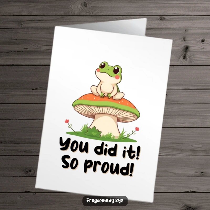 Funny Free Printable Congrats Card: Kawaii frog chilling on mushroom, celebrating victory humorously.