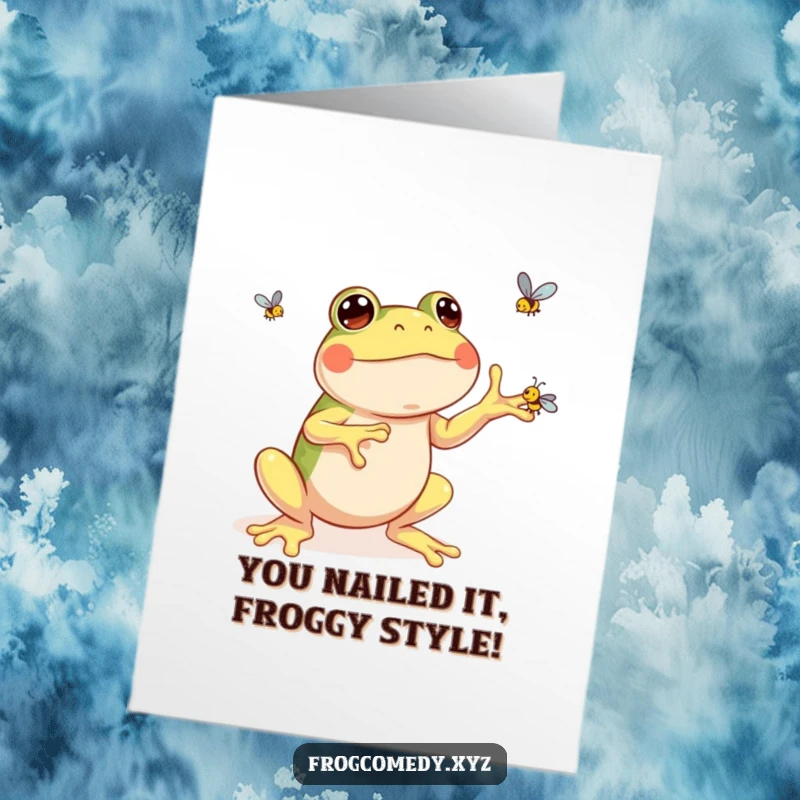 Funny Free Printable Congrats Card: Kawaii frog joyfully juggling flies to celebrate your big win, a downloadable art.