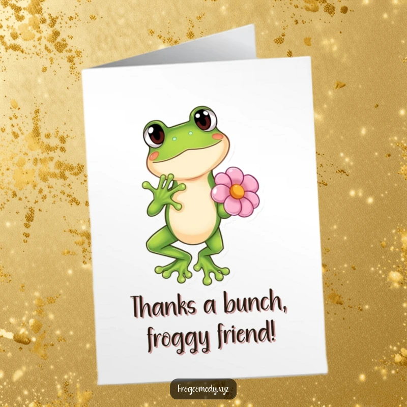 Funny Free Printable Thank You Card: A Kawaii frog strikes a dramatic pose to say thanks with floral flair.