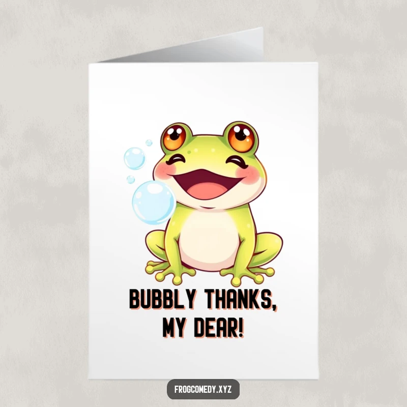 Funny Free Printable Thank You Card: A happy Kawaii frog blows shiny bubbles, sending bubbly thanks with a charming grin.