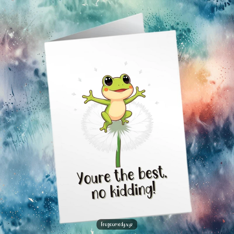 Funny Free Printable Thank You Card: An energetic frog character bounces joyfully on a giant dandelion puff, sending thanks.