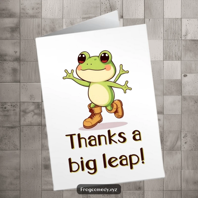 Funny Free Printable Thank You Card: Kawaii frog in comically large boots, leaping with thanks.