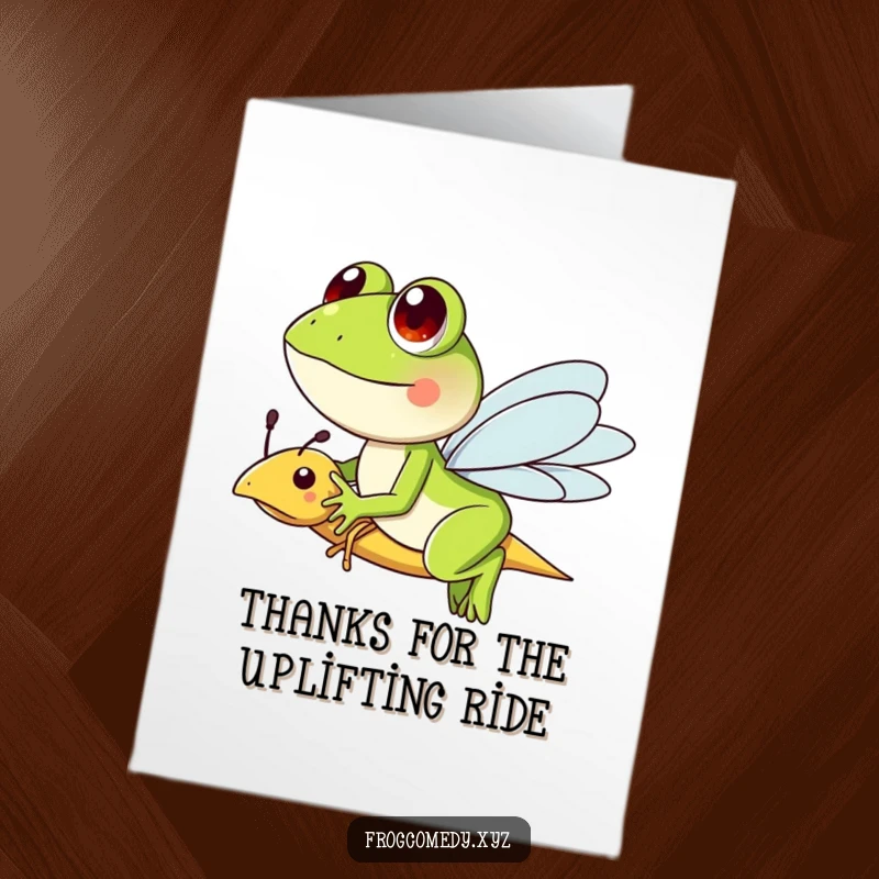 Funny Free Printable Thank You Card: A frog rides a friendly dragonfly, conveying thanks on a delightful journey.