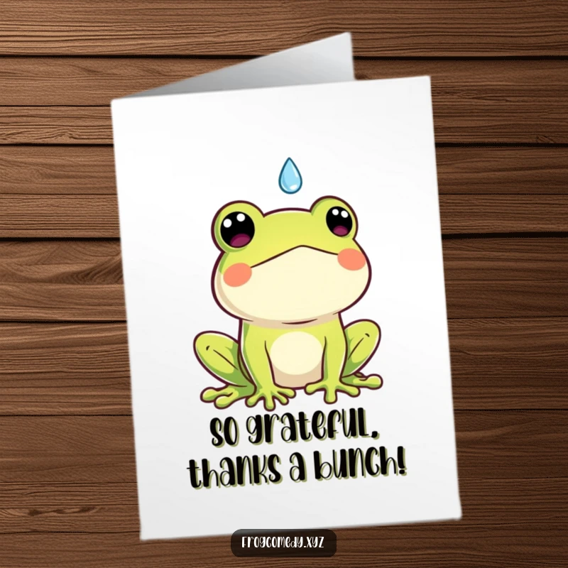 Funny Free Printable Thank You Card with a Kawaii frog looking bewildered by a falling raindrop.