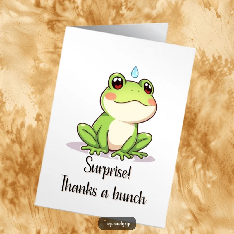 Funny Free Printable Kawaii Frog Thank You Card: A Kawaii frog looking surprised by a falling raindrop, saying thank you.