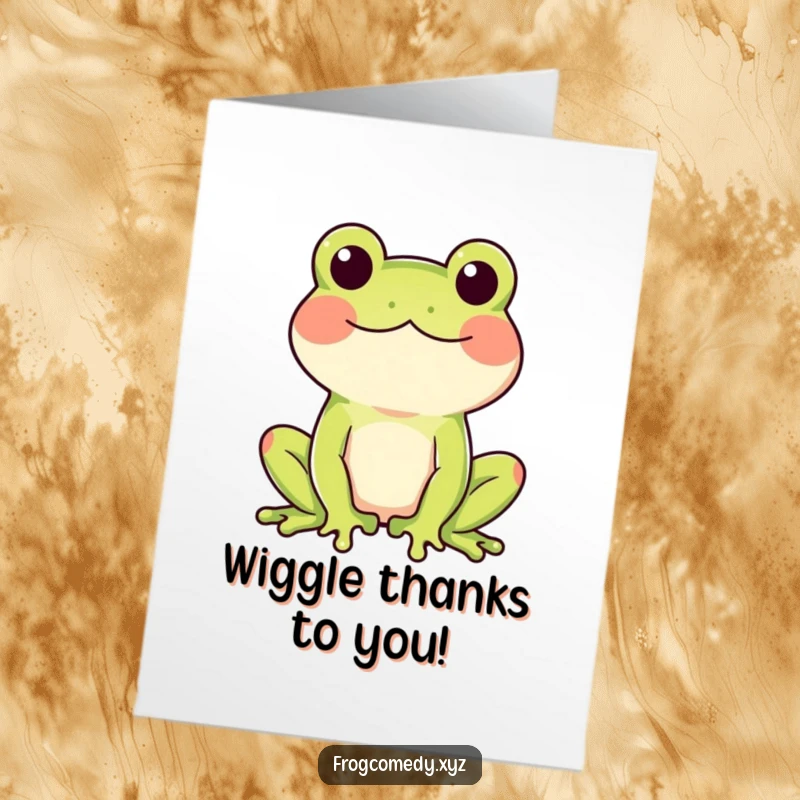 Funny Free Printable Thank You Card of a frog with rosy cheeks doing a happy wiggle, sending thanks. A sweet downloadable gift.