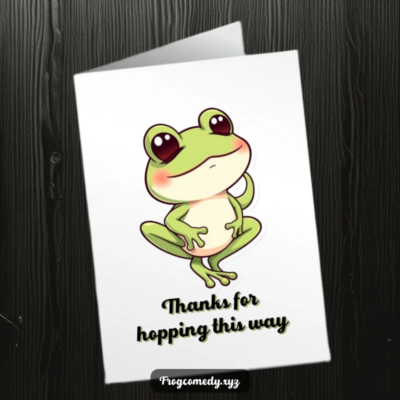 Funny Free Printable Thank You Card: Balancing frog with a mischievous wink, a humorous way to show appreciation.