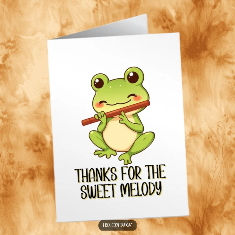 Funny Free Printable Thank You Card: Kawaii frog smiling, playing a tiny flute, musical thank you note.