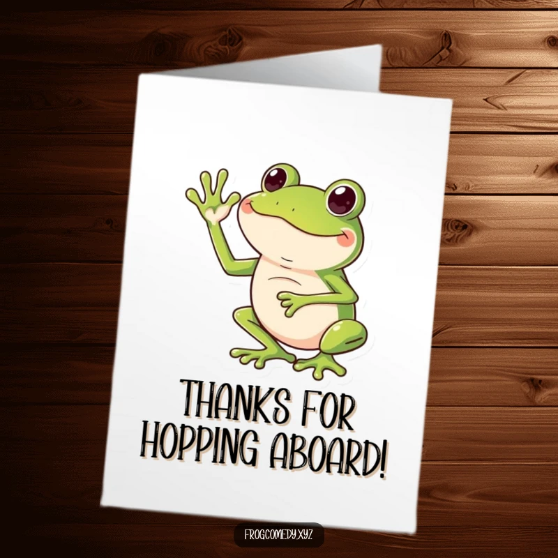 Funny Free Printable Thank You Card: Cartoon frog waving energetically with its long legs, expressing thanks.