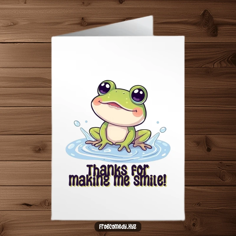 Funny Free Printable Thank You Card: Cartoon frog splashing in a puddle, eyes wide with fun.