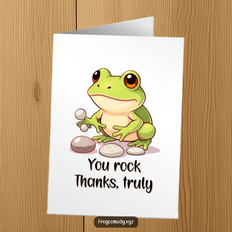 Funny Free Printable Thank You Card: Kawaii frog attempting to juggle pebbles with intense, humorous focus.