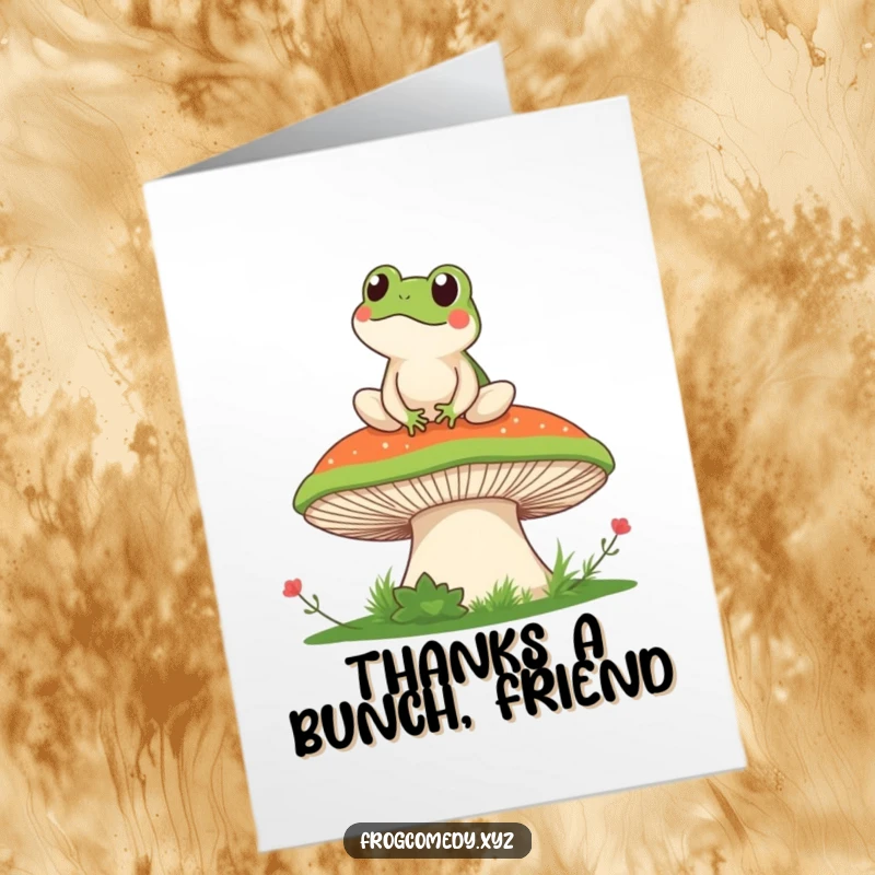 Funny Free Printable Thank You Card: Kawaii frog on mushroom, expressing thanks with a relaxed vibe.