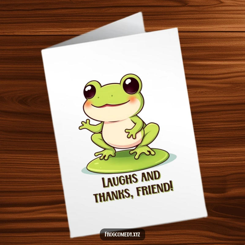 Funny Free Printable Thank You Card: A Kawaii frog wobbles with laughter on a lily pad, offering a humorous and heartfelt thank you.