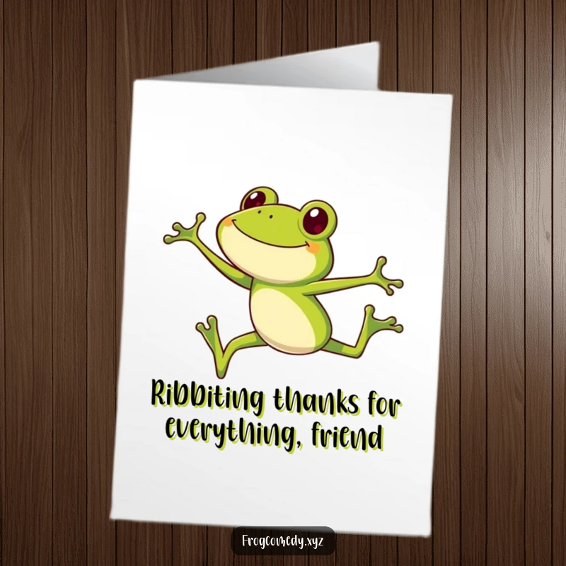 Funny Free Printable Frog Thank You Card: Energetic frog leaping high, conveying thanks with a comical, happy expression.