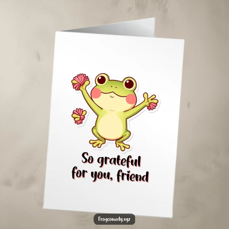 Funny Free Printable Kawaii Frog Thank You Card: A Kawaii frog character cheering with pom-poms, expressing gratitude.