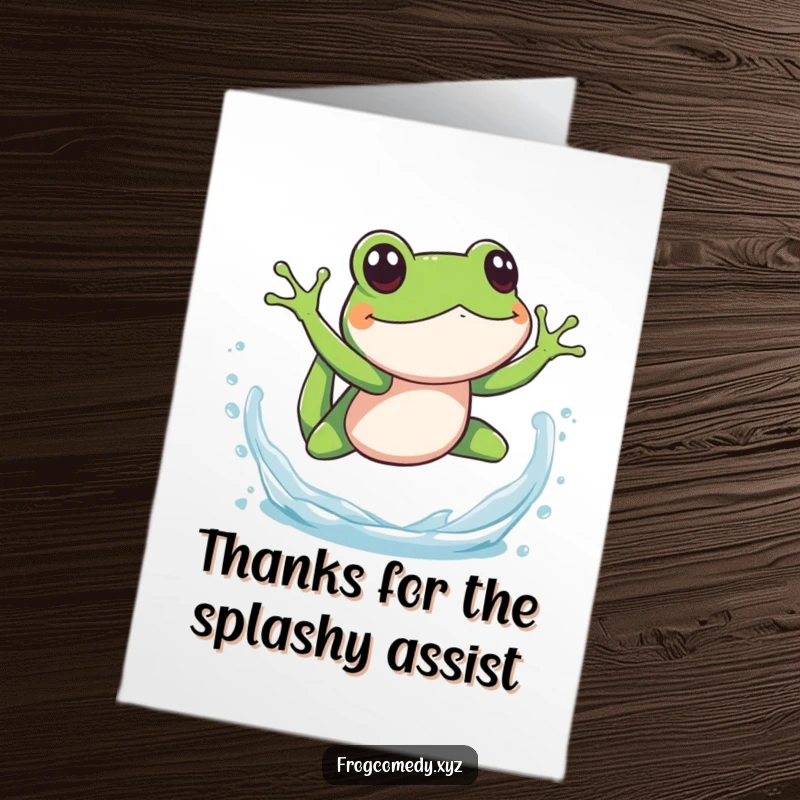 Funny Free Printable Frog Thank You Card depicting a frog performing a splashy dive, conveying energetic thanks.
