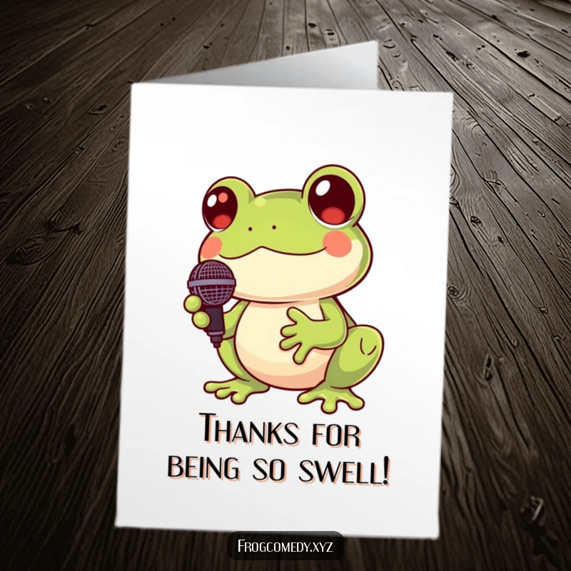 Funny Free Printable Thank You Card: A Kawaii frog holds a microphone and cheerfully croaks a thank you song.