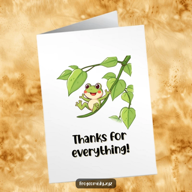 Funny Free Printable Thank You Card with a delighted frog sliding down a leafy vine, expressing cheerful thanks. A unique downloadable gift.