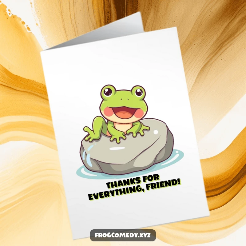 Funny Free Printable Thank You Card: A cheerful frog slides down a slick rock with a look of pure delight.