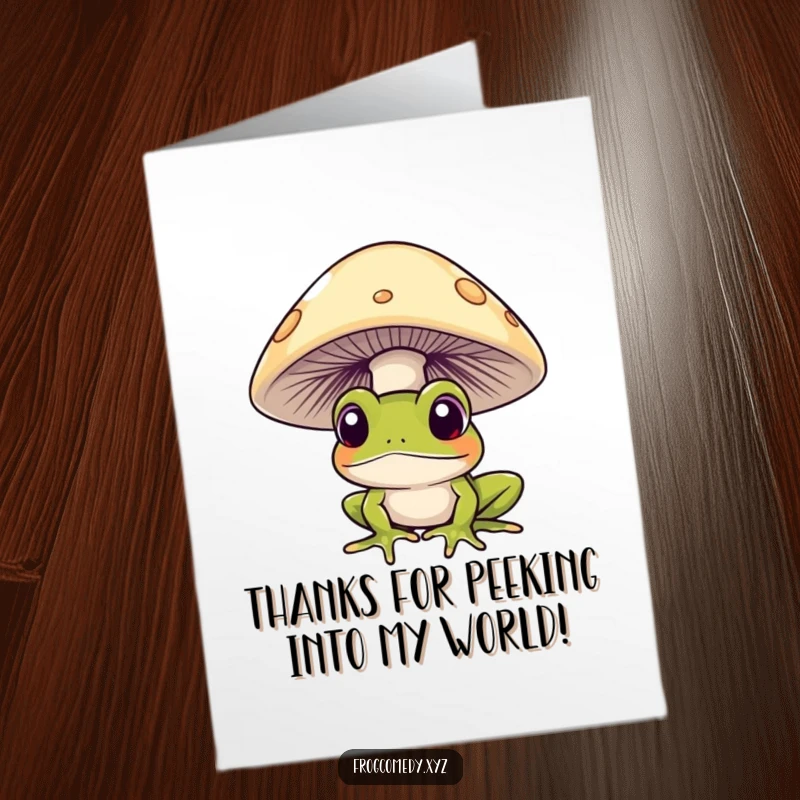 Funny Free Printable Thank You Card: A curious frog peeks from under a mushroom, offering a shy thank you.
