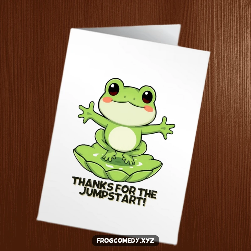 Funny Free Printable Thank You Card: A joyful frog character leaping enthusiastically towards a lily pad.