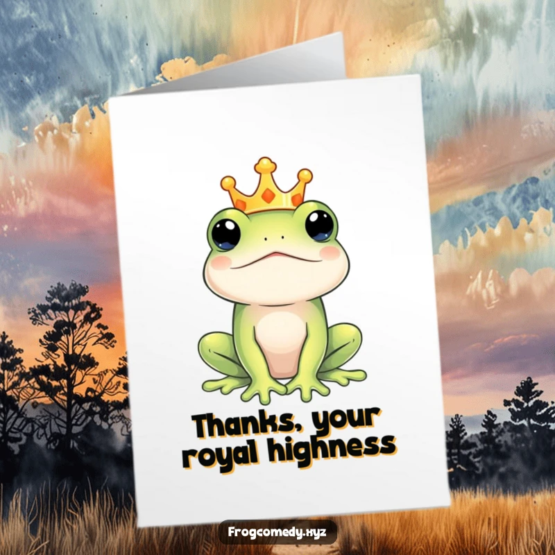 Funny Free Printable Frog Thank You Card with a majestic frog wearing a crown, offering sophisticated thanks.