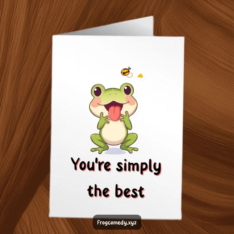 Funny Free Printable Thank You Card: Frog with its tongue out, enthusiastically catching a fly.