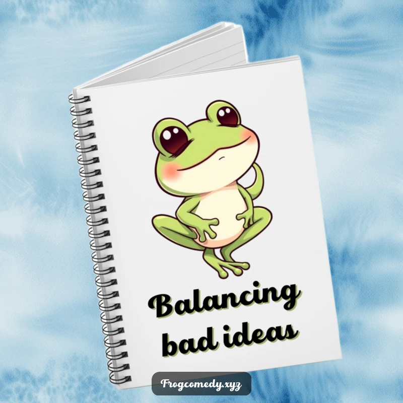 Funny frog balancing on one toe with a mischievous wink, on the cover of a notebook for jotting funny thoughts.