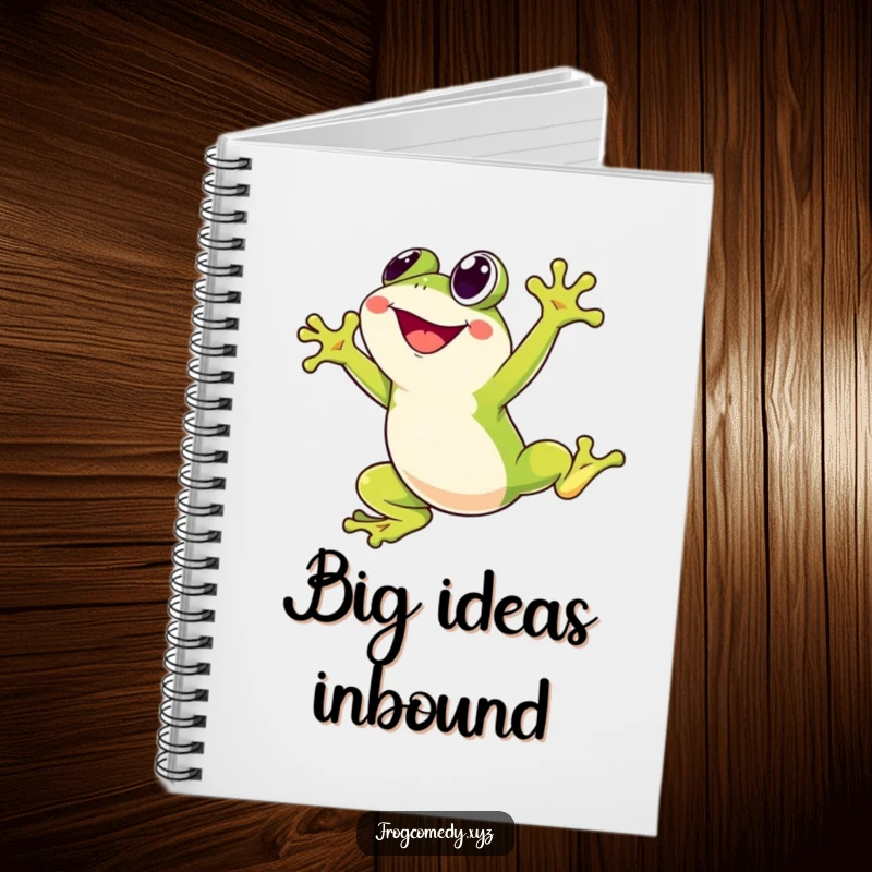 Funny notebook featuring a Kawaii stylized frog character joyfully leaping high into the air, great for journaling, note-taking, and sparking energetic ideas.