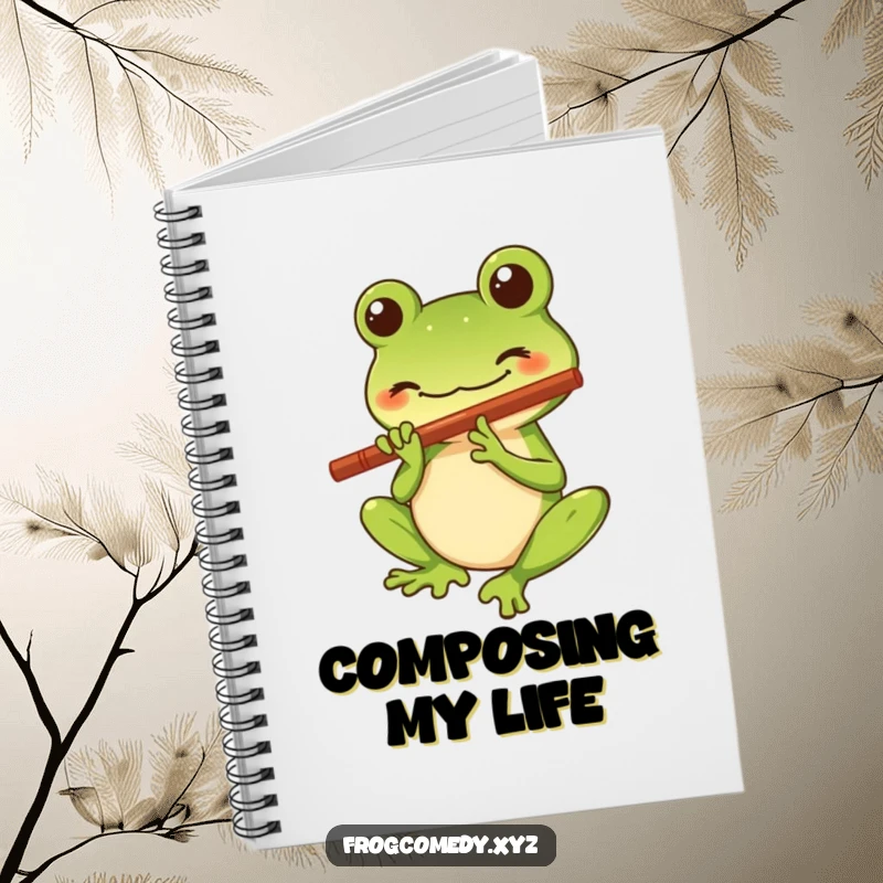 Funny notebook featuring a Kawaii stylized frog character with a big smile playing a tiny flute, great for journaling, songwriting, and musical notes.