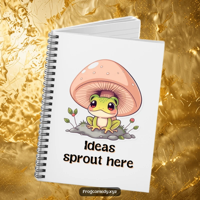 Funny frog peeking from under a big mushroom, cute journal, creative writing notebook, perfect humorous gift for students.