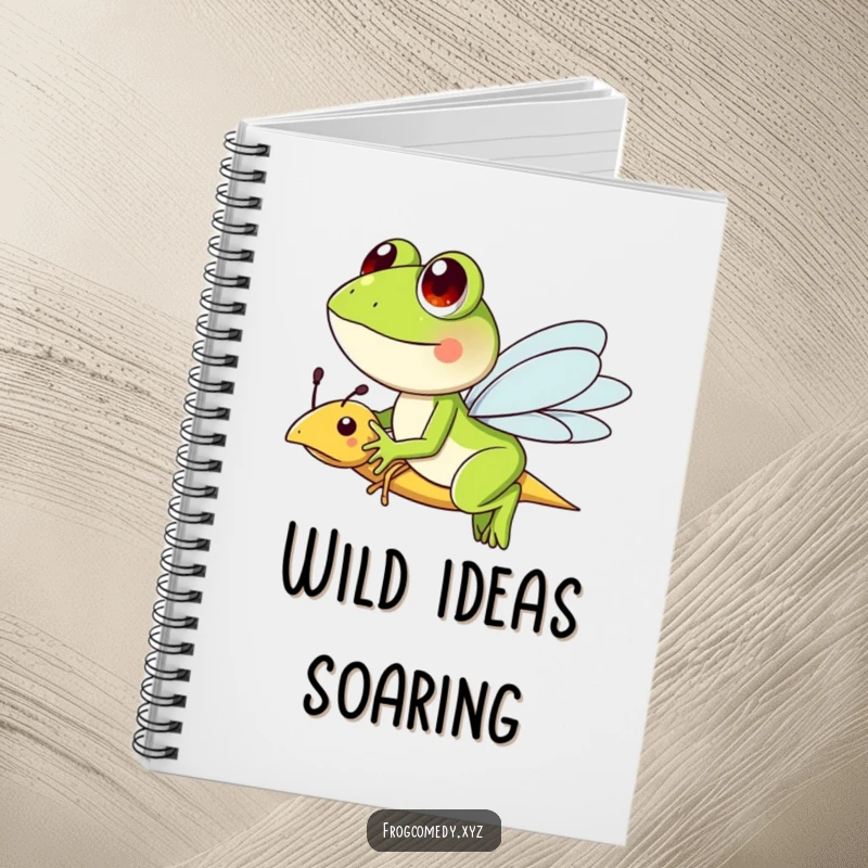 Funny notebook cover featuring a frog character riding a friendly dragonfly, perfect for jotting down creative ideas.
