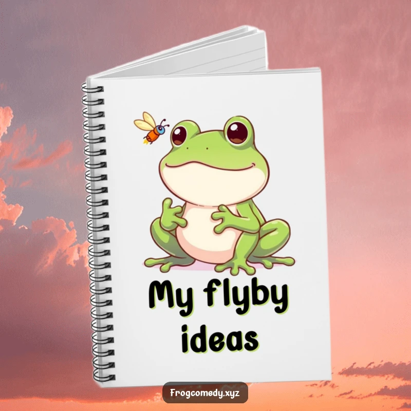 Funny frog notebook, a frog with a wide grin catching a fly, cute journal for writing and jotting down jokes.