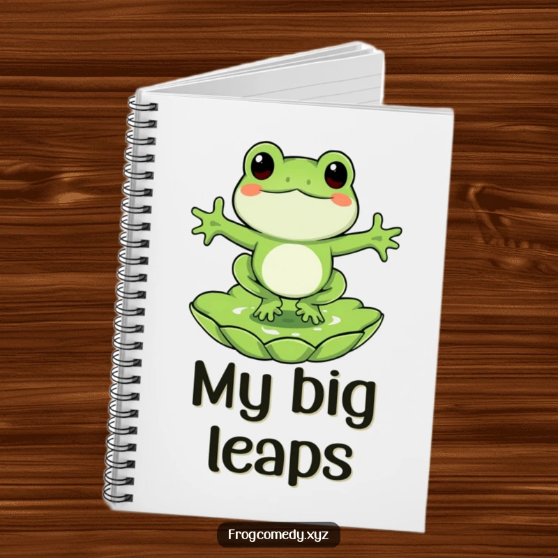 Funny frog notebook, a frog jumping onto a lily pad, cute journal for writing and sketching ideas.