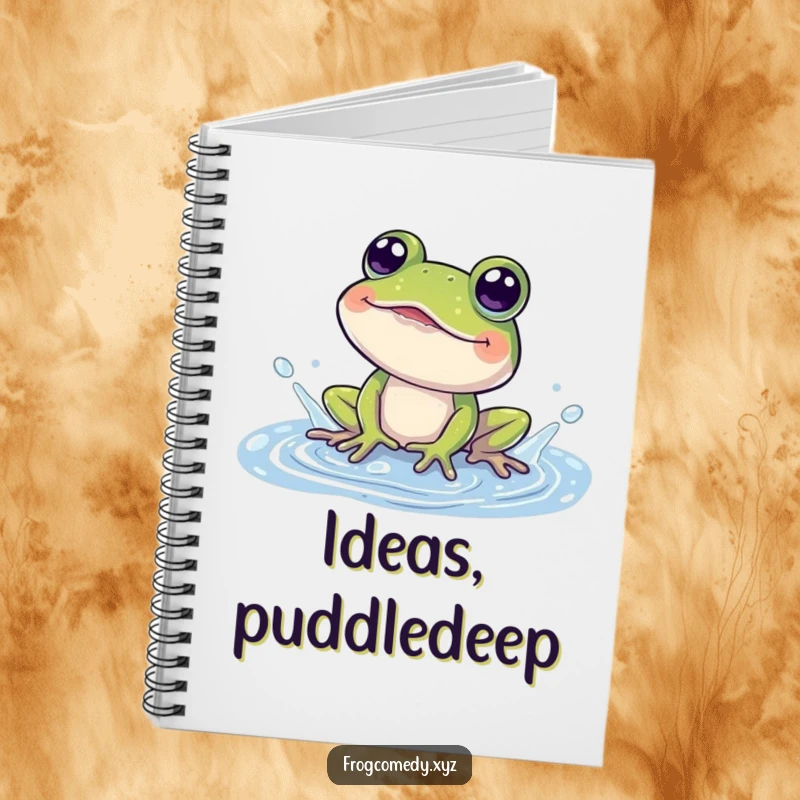 Funny notebook cover with a happy frog splashing in a puddle, eyes wide with amusement.
