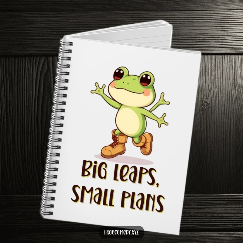 Funny Kawaii frog in massive boots, joyfully leaping, featured on this notebook cover for humorous note-taking.