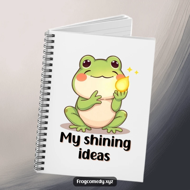 Funny kawaii frog notebook, with a shy frog offering a glowing firefly on the cover, perfect for journaling.