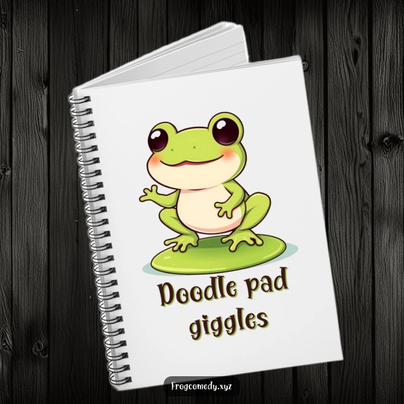 Funny Kawaii frog wobbling with laughter on a lily pad, adorning a notebook cover, inspiring creative and hilarious note-taking.
