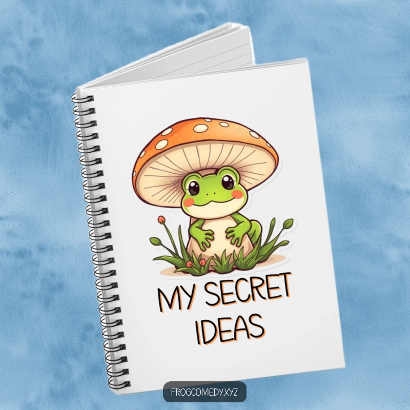 Funny Kawaii frog notebook featuring a cute frog peeking behind a mushroom, ideal for journaling and creative thoughts.