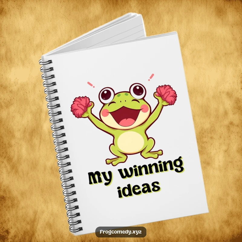 Funny Kawaii Frog Notebook: Features a cute, cheering Kawaii frog with pom-poms on the cover, perfect for writing, journaling, or sketching ideas.