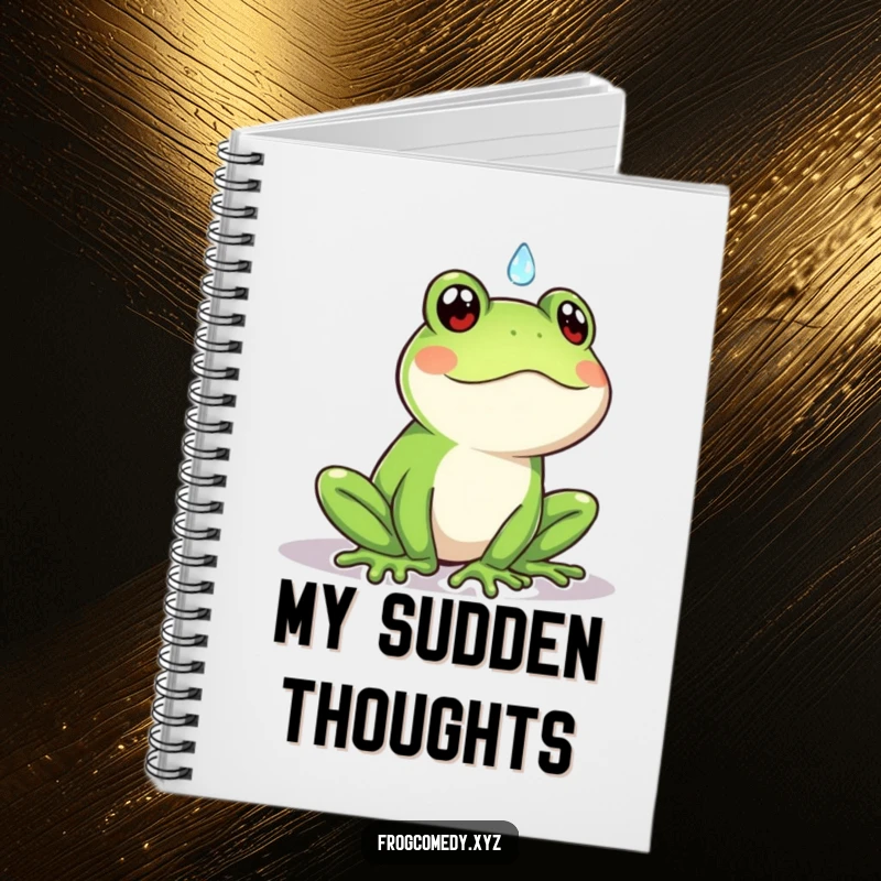 Funny Kawaii frog notebook featuring a cute frog surprised by a raindrop, ideal for journaling unexpected thoughts.